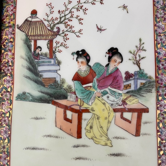 Framed Vintage Chinese Famille Rose Porcelain Plaque in Bamboo Style Frame - Picture 3 of 11
